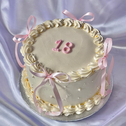 White Round with Pink Ribbons 🎀