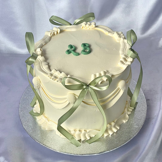 White Round with Sage Green Ribbons 🎀